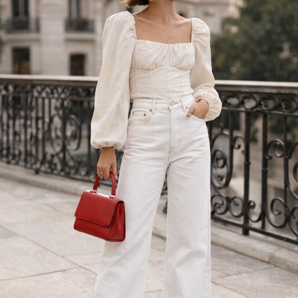 & Other Stories Tops - & Other Stories Cream Square-Neck Puff Sleeve Top